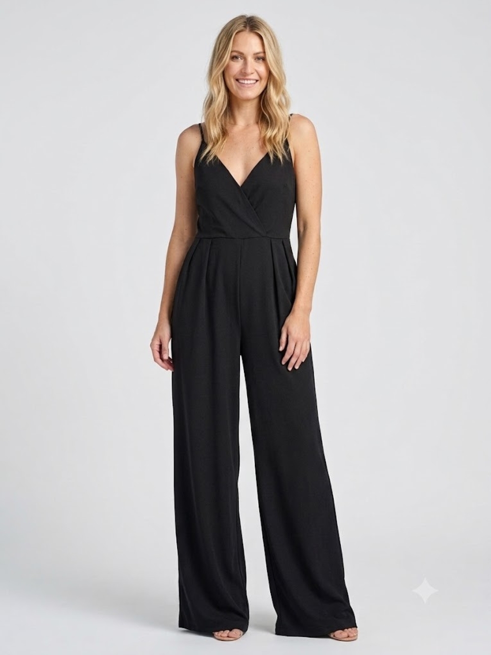 Black Wrap Jumpsuit Wide Leg Pleated Quiet Luxury Party Sleek Minimalist